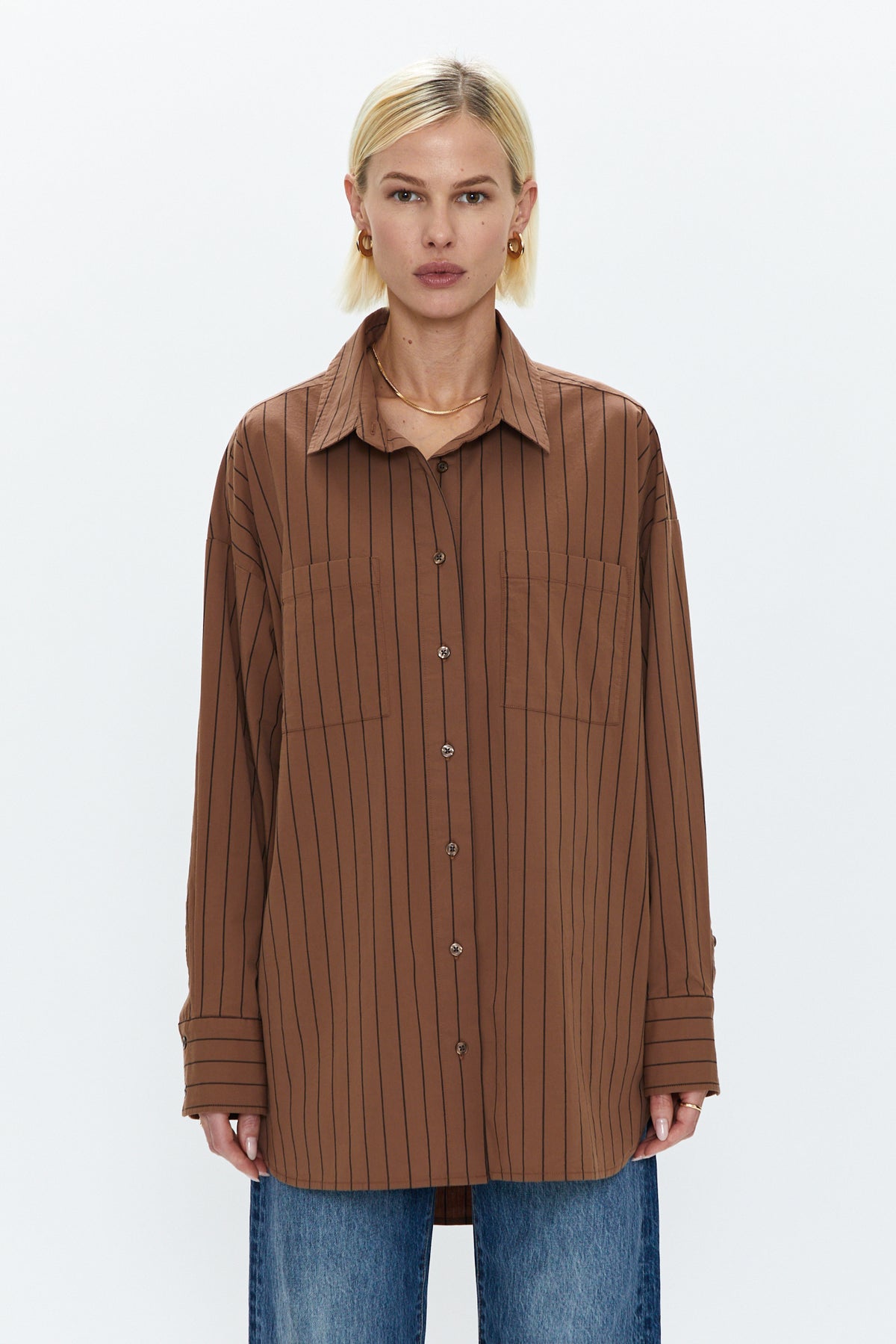 Rena Button Down Tunic Shirt - Chestnut Noir Stripe
            
              Sale